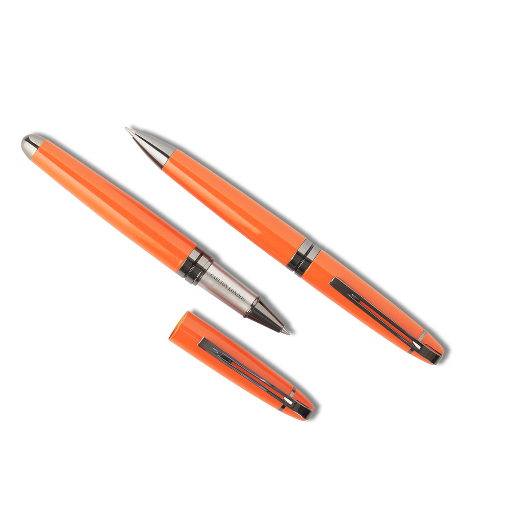 Carlton London Set Of 2 Orange Twist And Roller Metal Pens