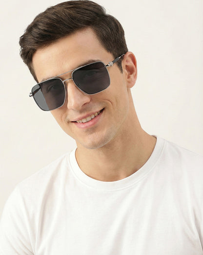 Men Premium Polarised UV Protected Blue Lens Silver Toned Rectangle Sunglasses