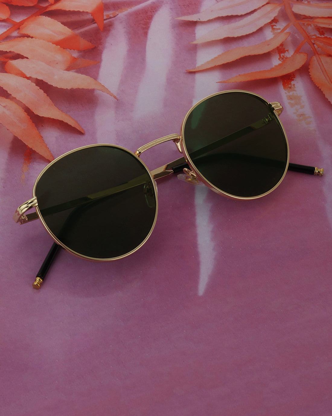 Gold Toned with Green UV Protected Lens Round Sunglass for unisex