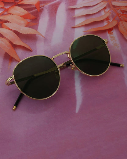 Gold Toned with Green UV Protected Lens Round Sunglass for unisex