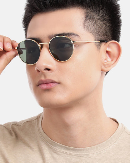 Gold Toned with Green UV Protected Lens Round Sunglass for unisex