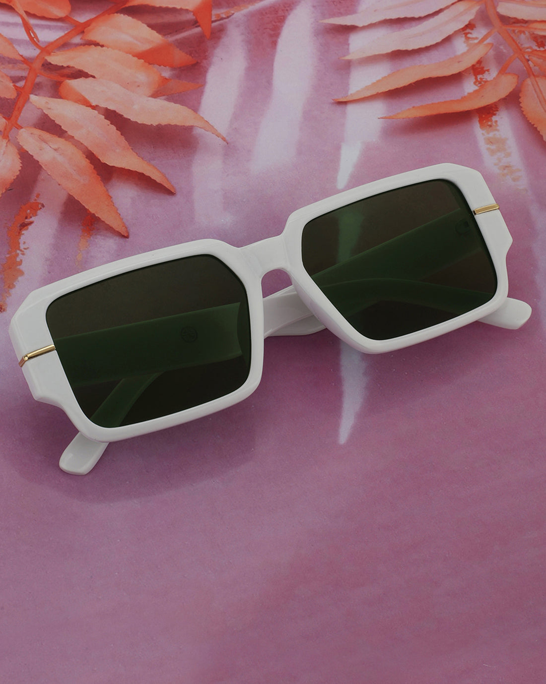 White with Gold Toned and Green UV Protected Lens Wayfarer Sunglass for unisex