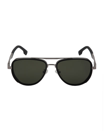 Unisex Premium Silver &amp; Black Toned Green UV with Polarised Lens Aviator Sunglass