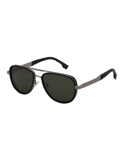 Unisex Premium Silver &amp; Black Toned Green UV with Polarised Lens Aviator Sunglass