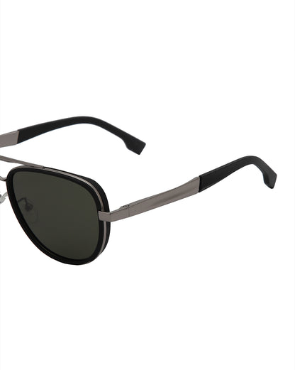 Unisex Premium Silver &amp; Black Toned Green UV with Polarised Lens Aviator Sunglass
