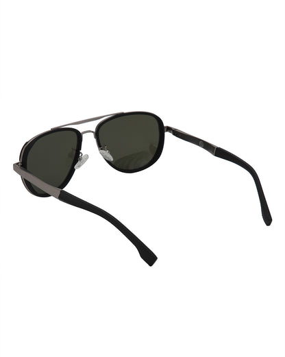 Unisex Premium Silver &amp; Black Toned Green UV with Polarised Lens Aviator Sunglass