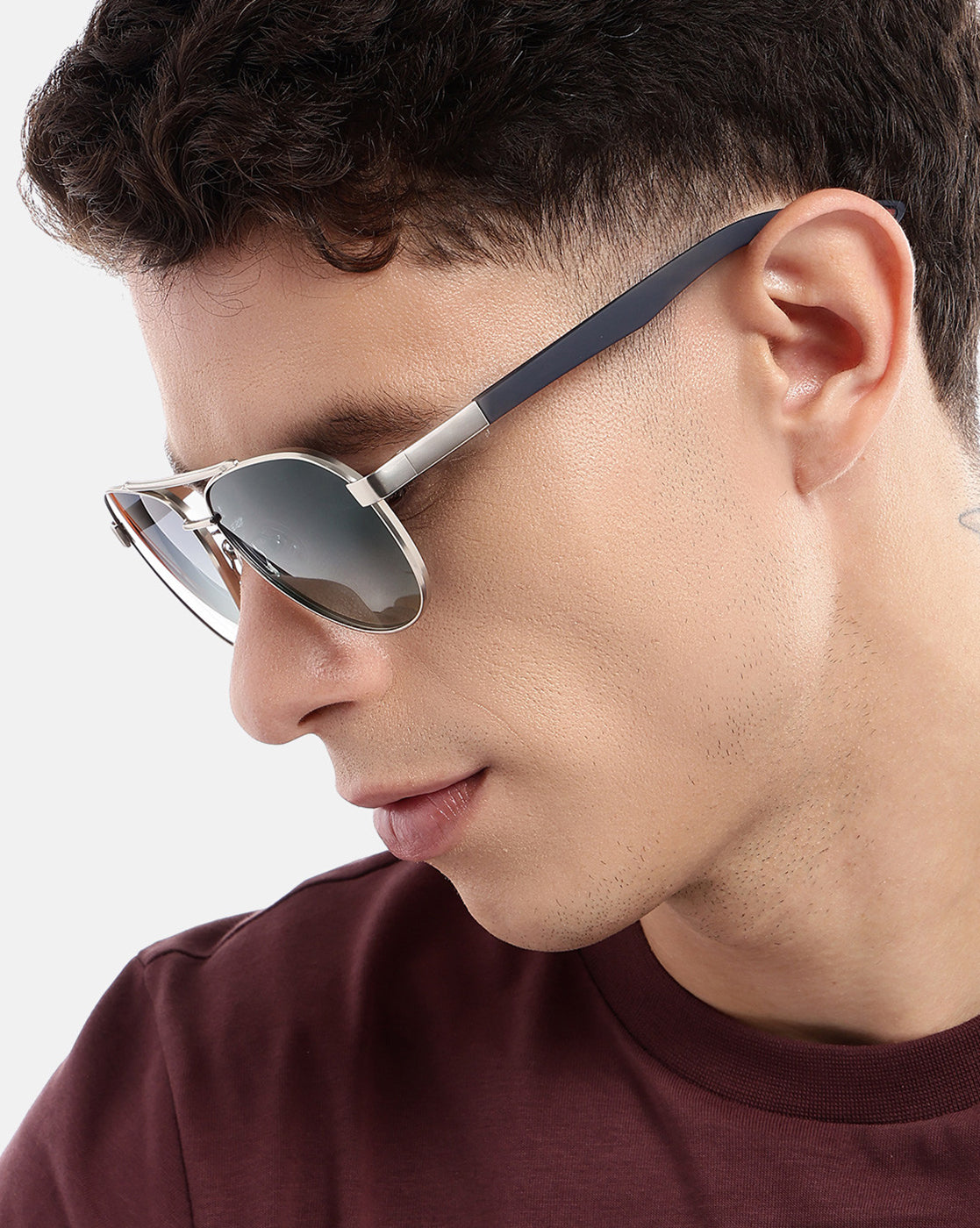 Unisex Premium Silver &amp; Black Toned Green UV with Polarised Lens Aviator Sunglass