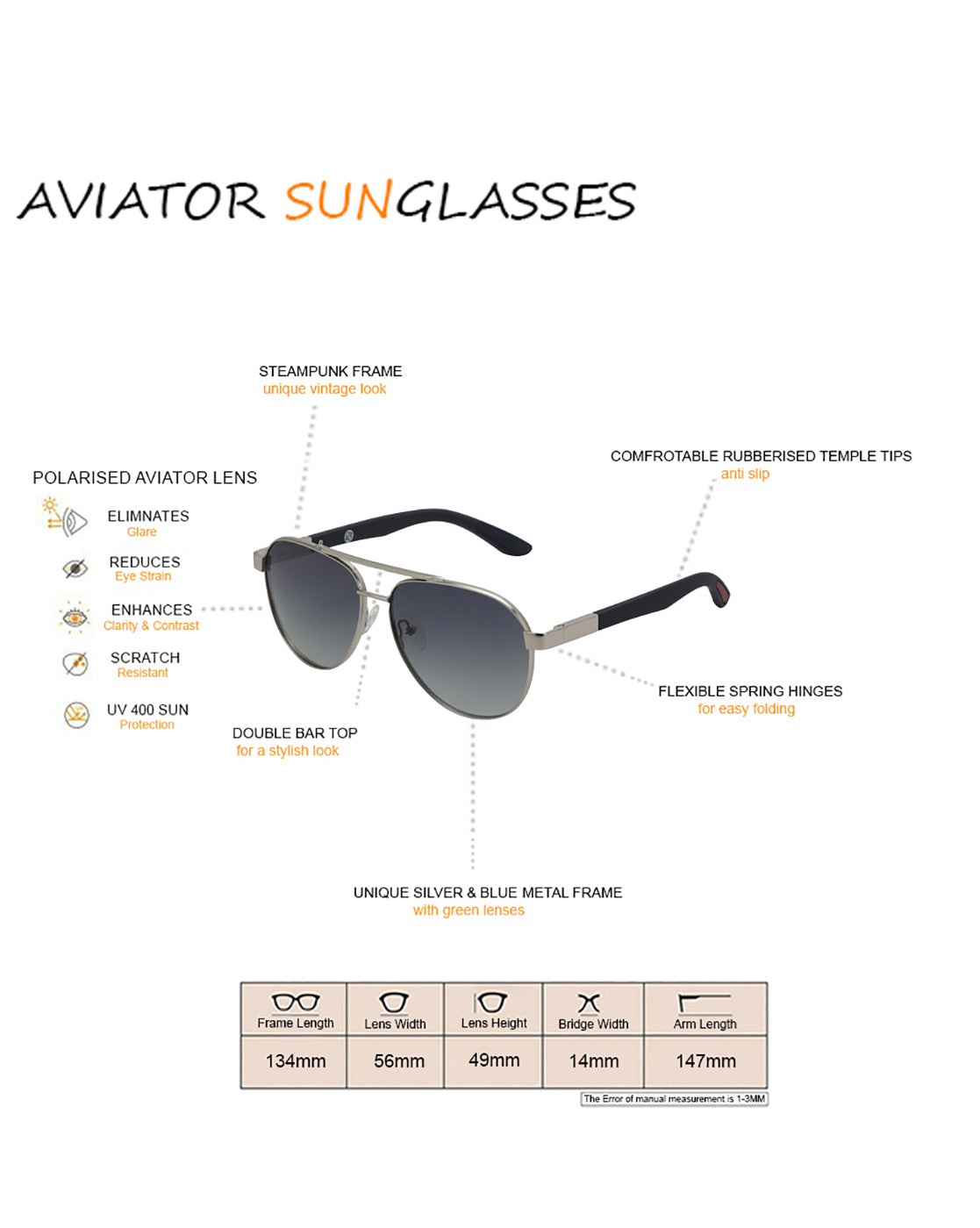 Unisex Premium Silver &amp; Black Toned Green UV with Polarised Lens Aviator Sunglass
