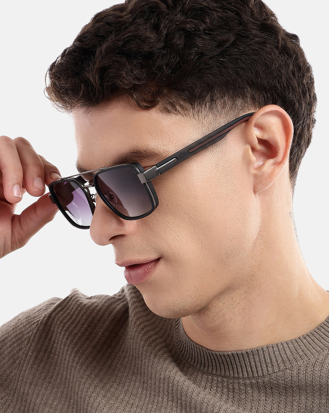 Unisex Premium Metallic &amp; Black Toned Grey UV with Polarized Lens Square Sunglass