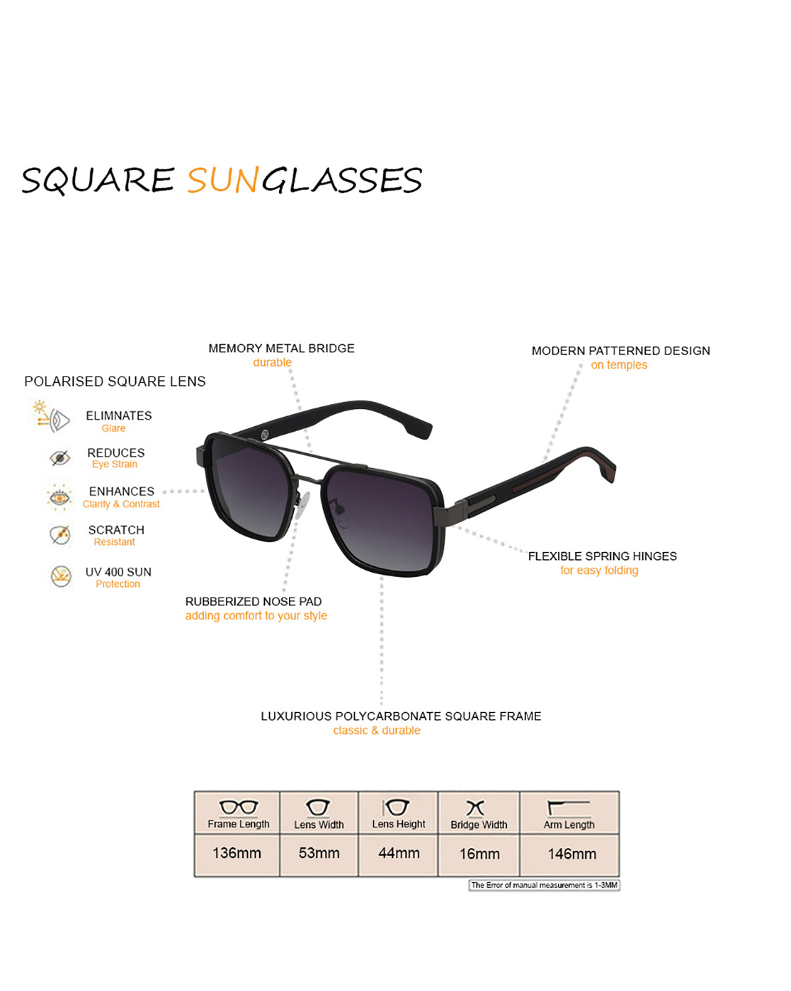 Unisex Premium Metallic &amp; Black Toned Grey UV with Polarized Lens Square Sunglass