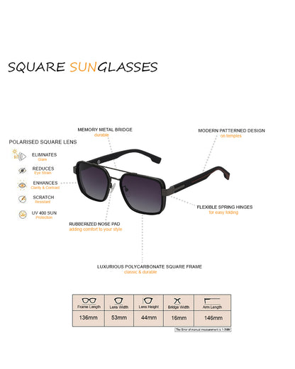 Unisex Premium Metallic &amp; Black Toned Grey UV with Polarized Lens Square Sunglass