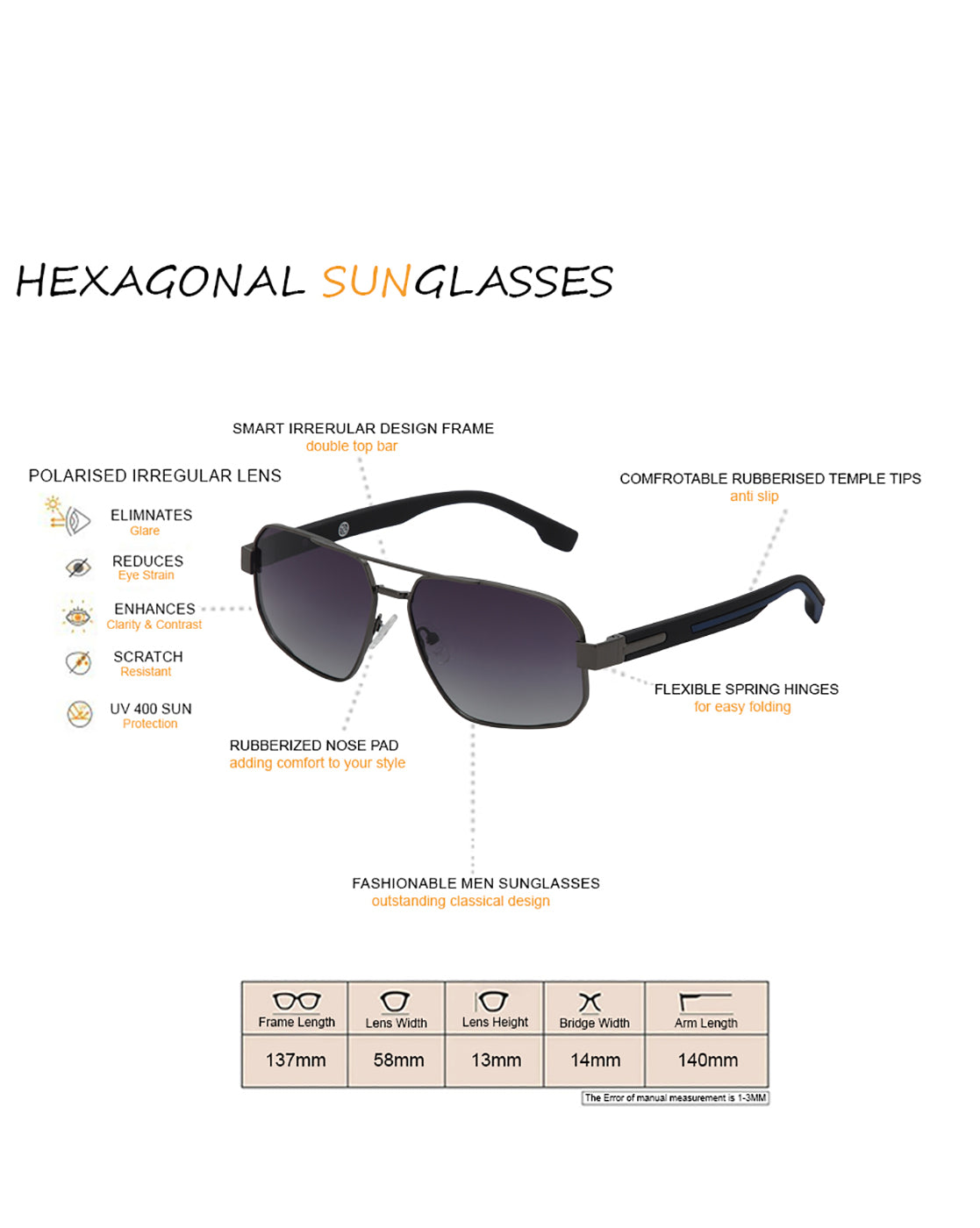 Unisex Premium Metallic &amp; Black Toned Grey UV with Polarised Lens Rectangle Sunglass