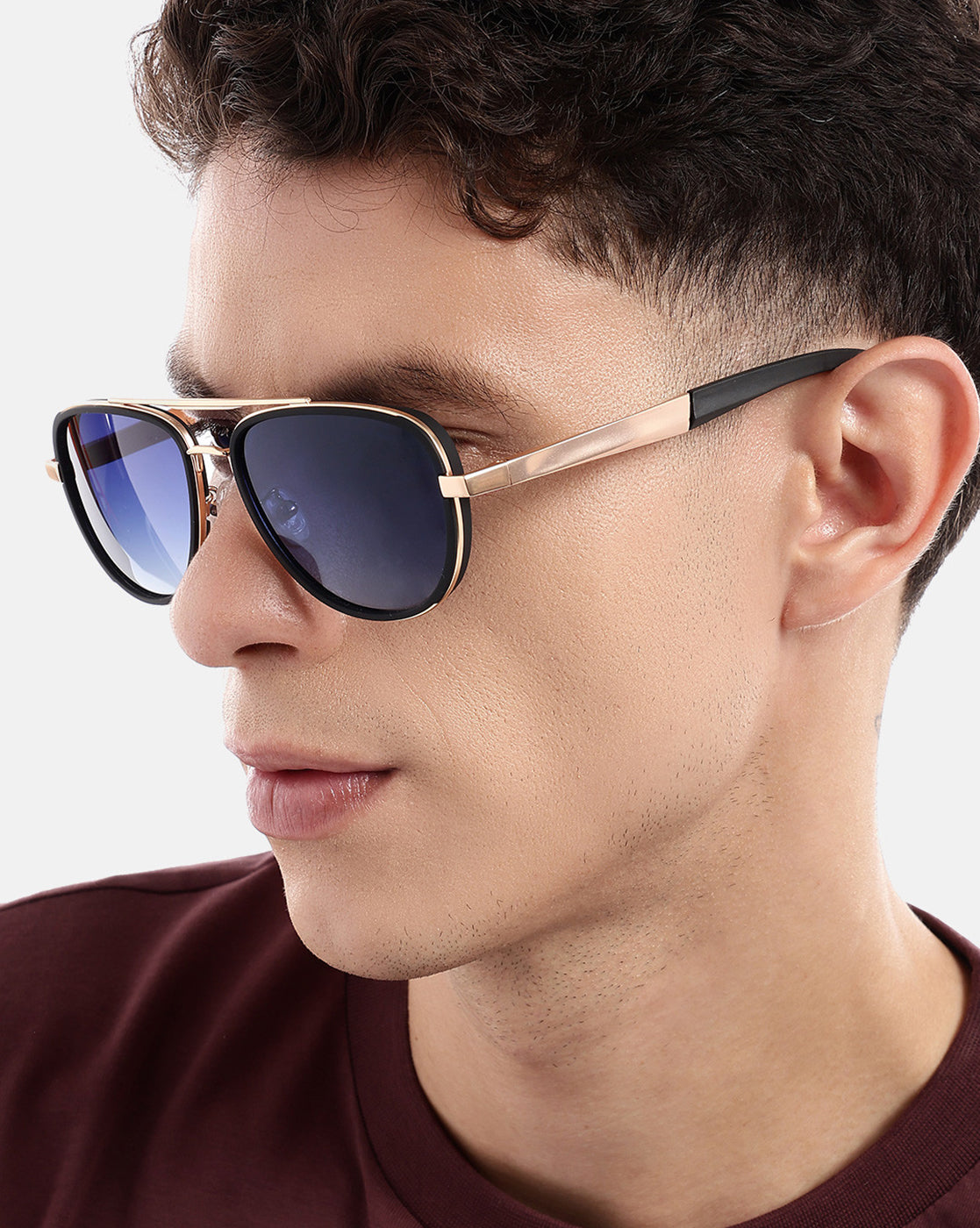 Unisex Premium Rose Gold &amp; Black Toned Blue UV with Polarised Lens Aviator Sunglass