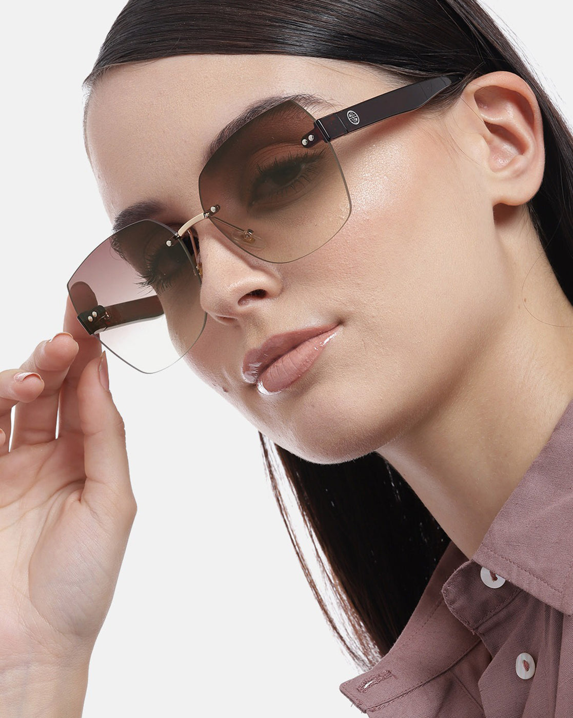 Gold With Brown Toned Oversized Women Rimless Sunglass With Uv Protected Lens