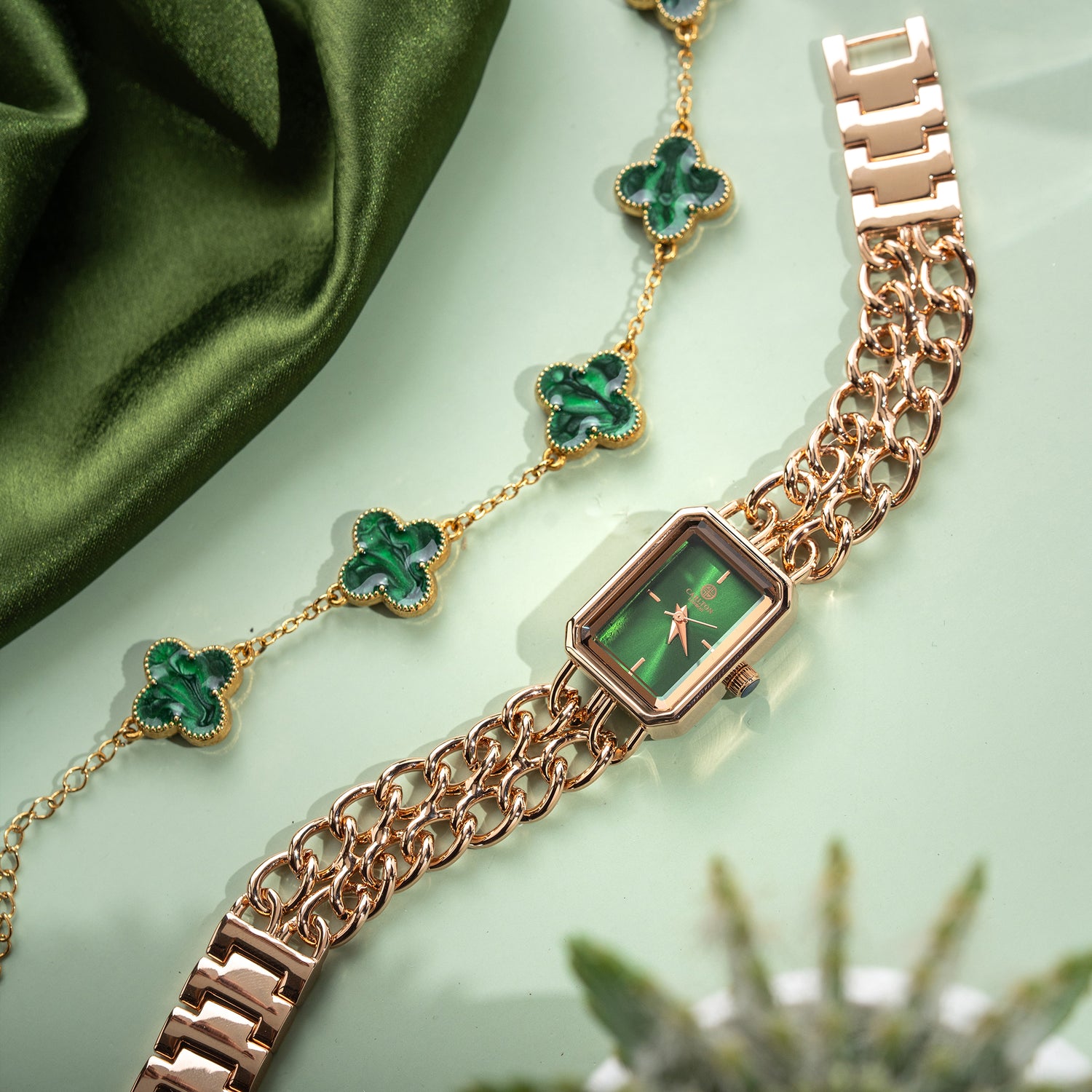 Women Gift Set Of 2 Victoria Green Dial Watch + Bracelet CLPLG077