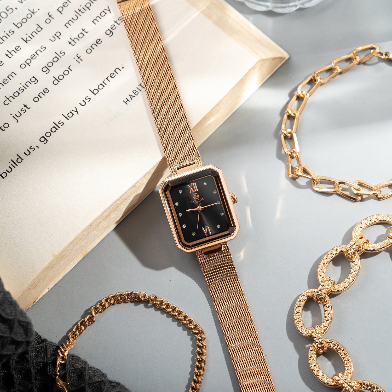 Women Gift set Of 4 Black Dial Watch + 3  Bracelets CLPLG078