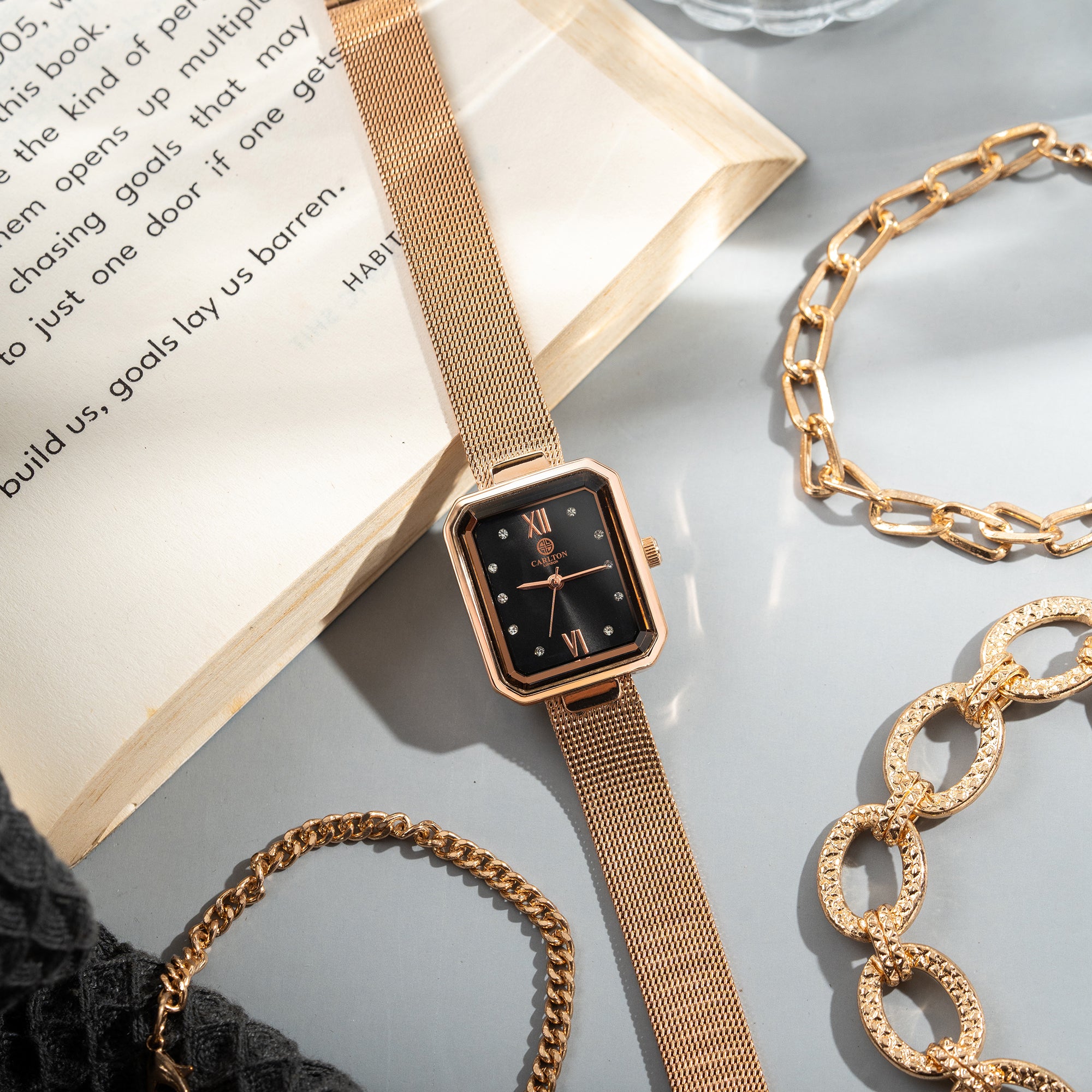 Women Gift set Of 4 Black Dial Watch + 3  Bracelets CLPLG078