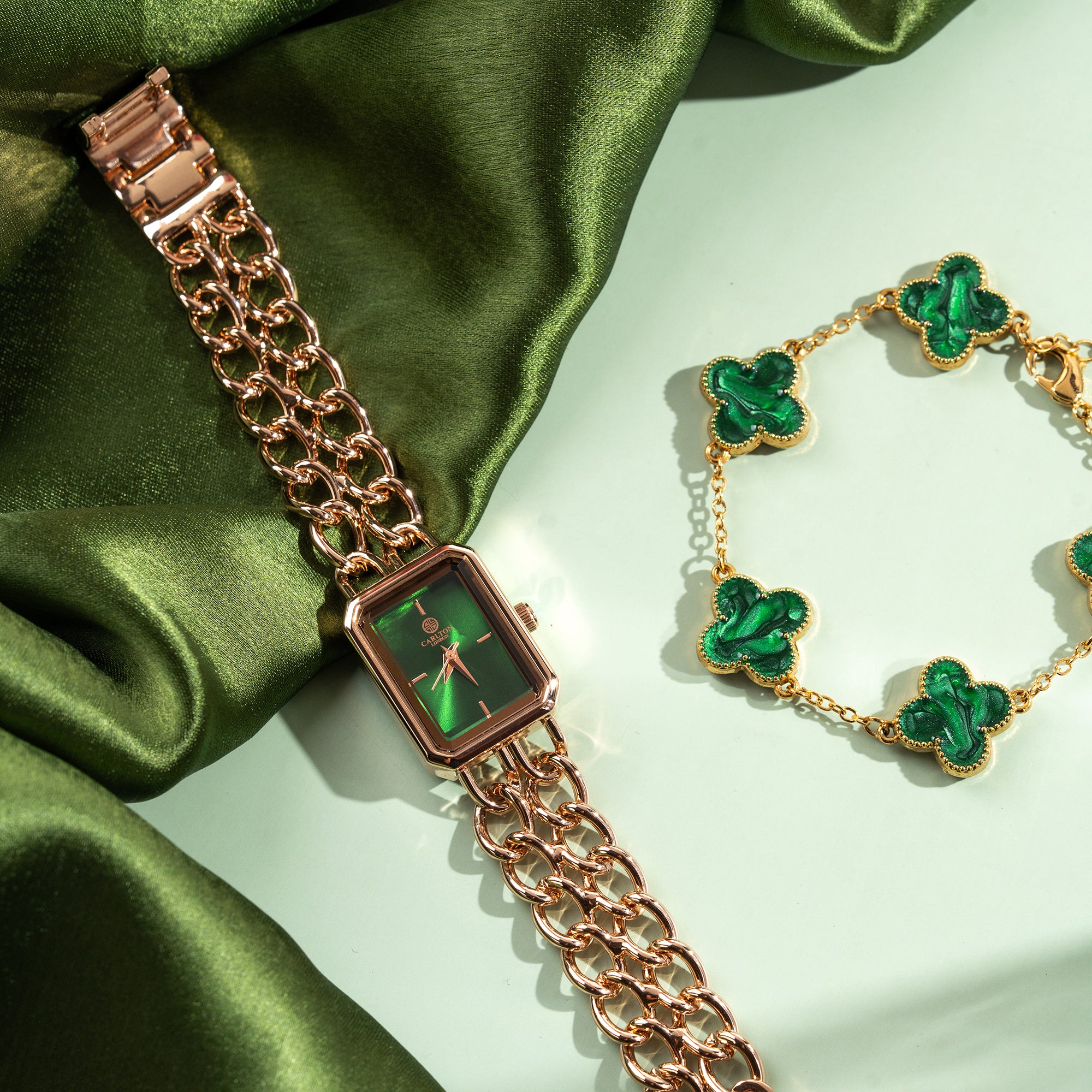 Women Gift Set Of 2 Victoria Green Dial Watch + Bracelet CLPLG077