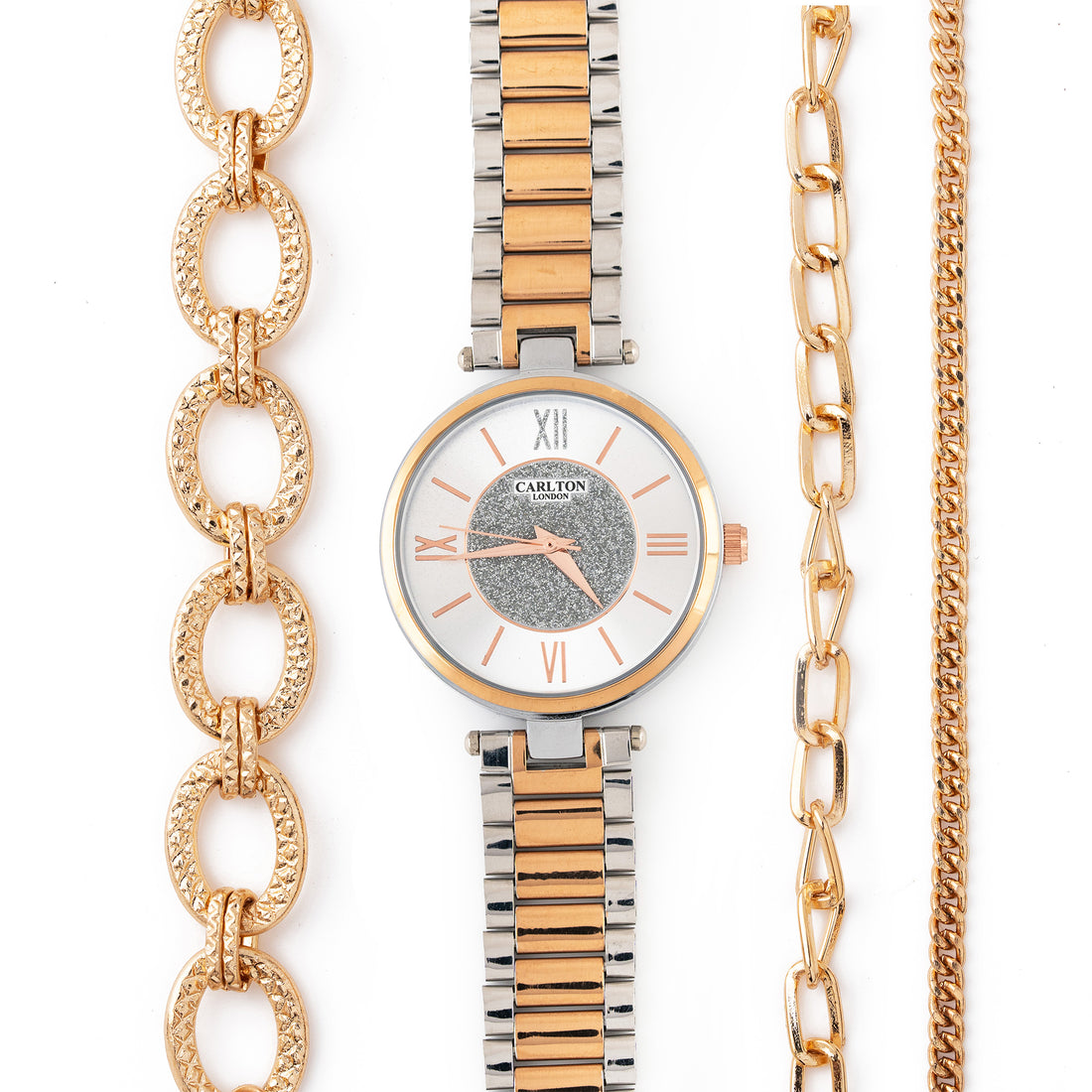 Women Gift Set Of 4 Silver Dial Watch + 3  Bracelets CLPLG079