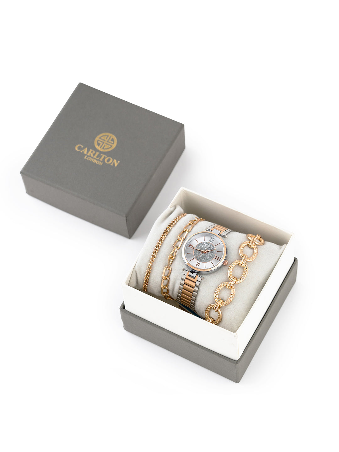 Women Gift Set Of 4 Silver Dial Watch + 3  Bracelets CLPLG079