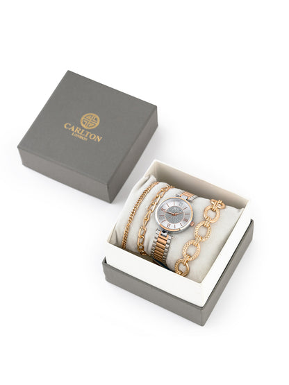 Women Gift Set Of 4 Silver Dial Watch + 3  Bracelets CLPLG079