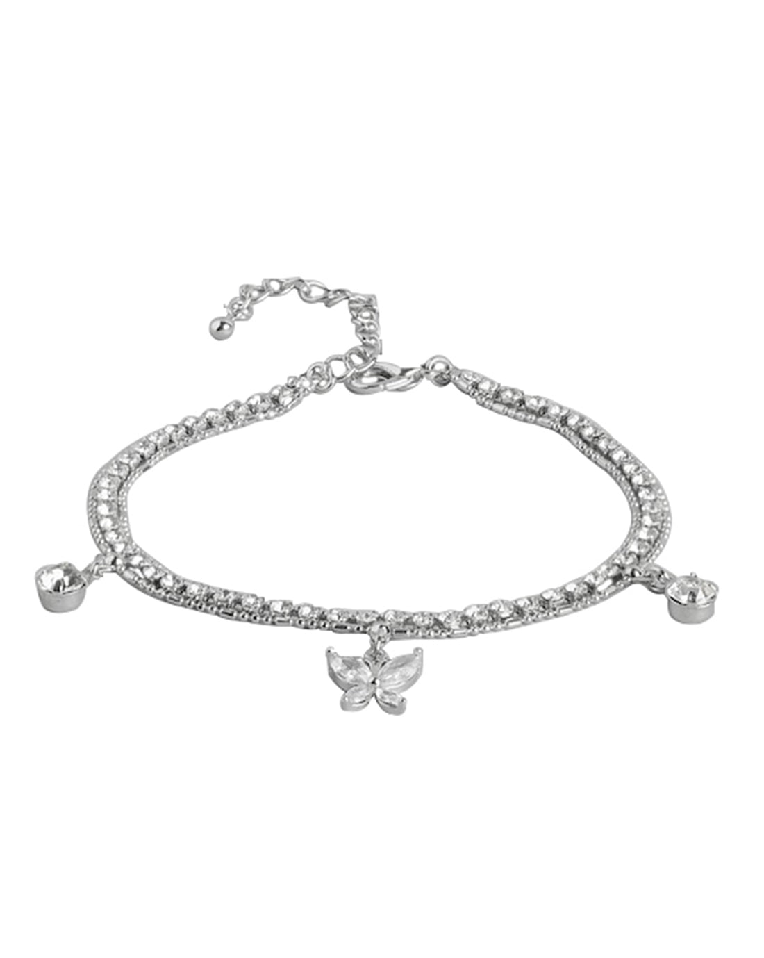 Silver Plated &amp; Cz Floral Triple Chain Anklet For Women