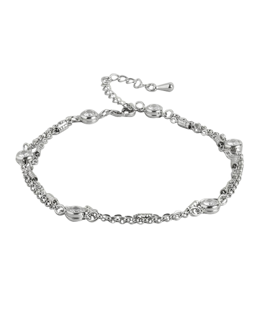 Silver Plated &amp; Cz Double Chain Anklet For Women