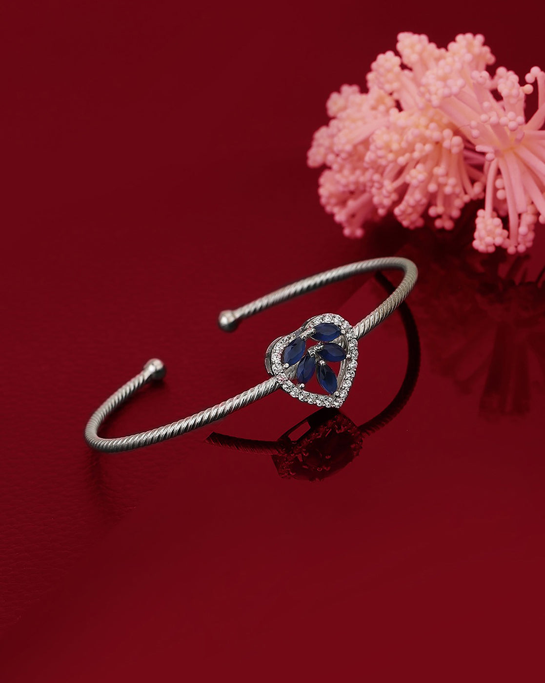 Carlton London Cz Studded Rhodium Plated Cuff Floral Bracelet For Women