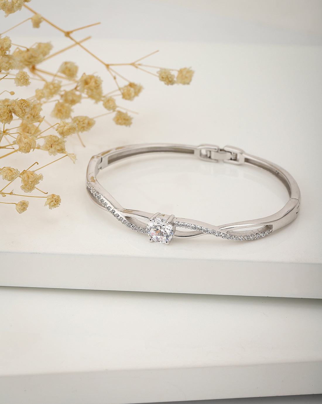 Carlton London Rhodium Plated Cz Studded Bangle Bracelet