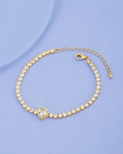 Gold Plated With Heart And Cz Adjustable Bracelet For Women