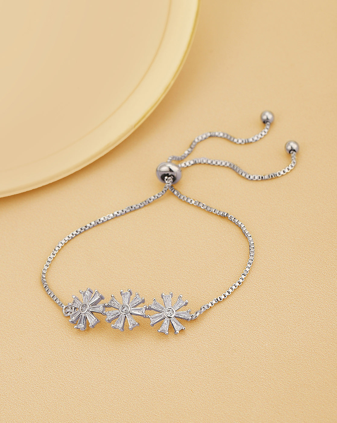 Cz With Floral Rhodium Plated Adjustable Charm Bracelet For Women