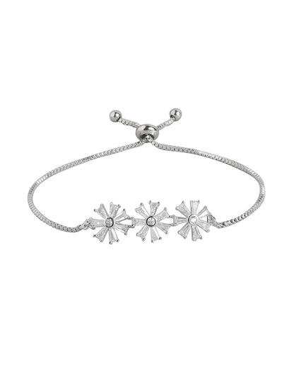 Cz With Floral Rhodium Plated Adjustable Charm Bracelet For Women