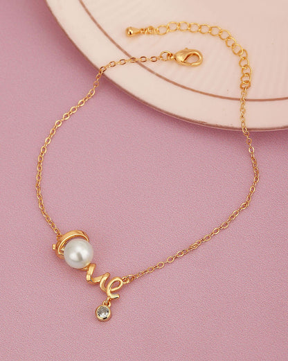 Gold Plated With Pearl And Texture Adjustable Charm Bracelet For Women