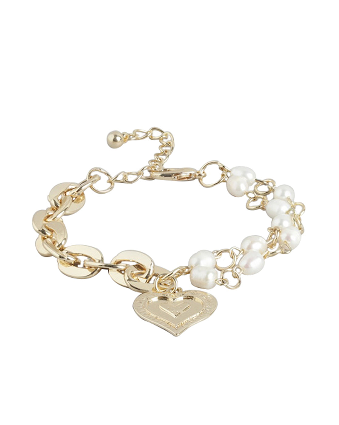Gold Plated &amp; Pearl Heart Charm Adjustable Bracelet For Women