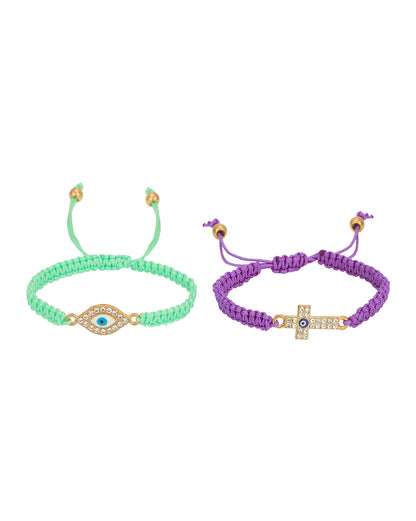 Set of 2 Gold Plated CZ Evil Eye Adjustable Bracelet for women