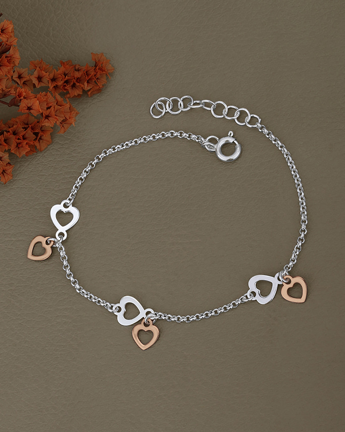 18kt Rose Gold and Rhodium Plated Heart Charm Bracelet