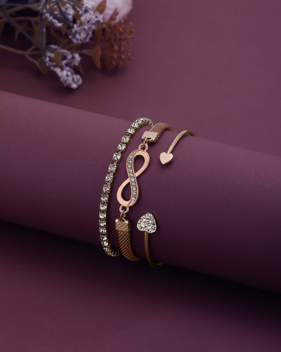 Set of 3 Rose Gold Plated CZ with Infinity Wraparound Bracelets