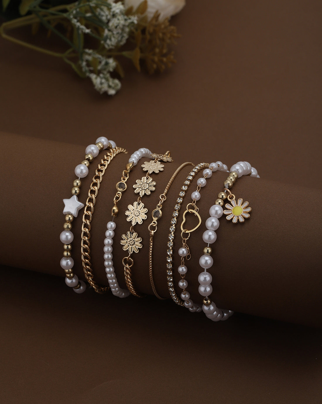 Set of 8 Rose Gold Plated CZ and Pearl Heart Floral Charm Bracelet