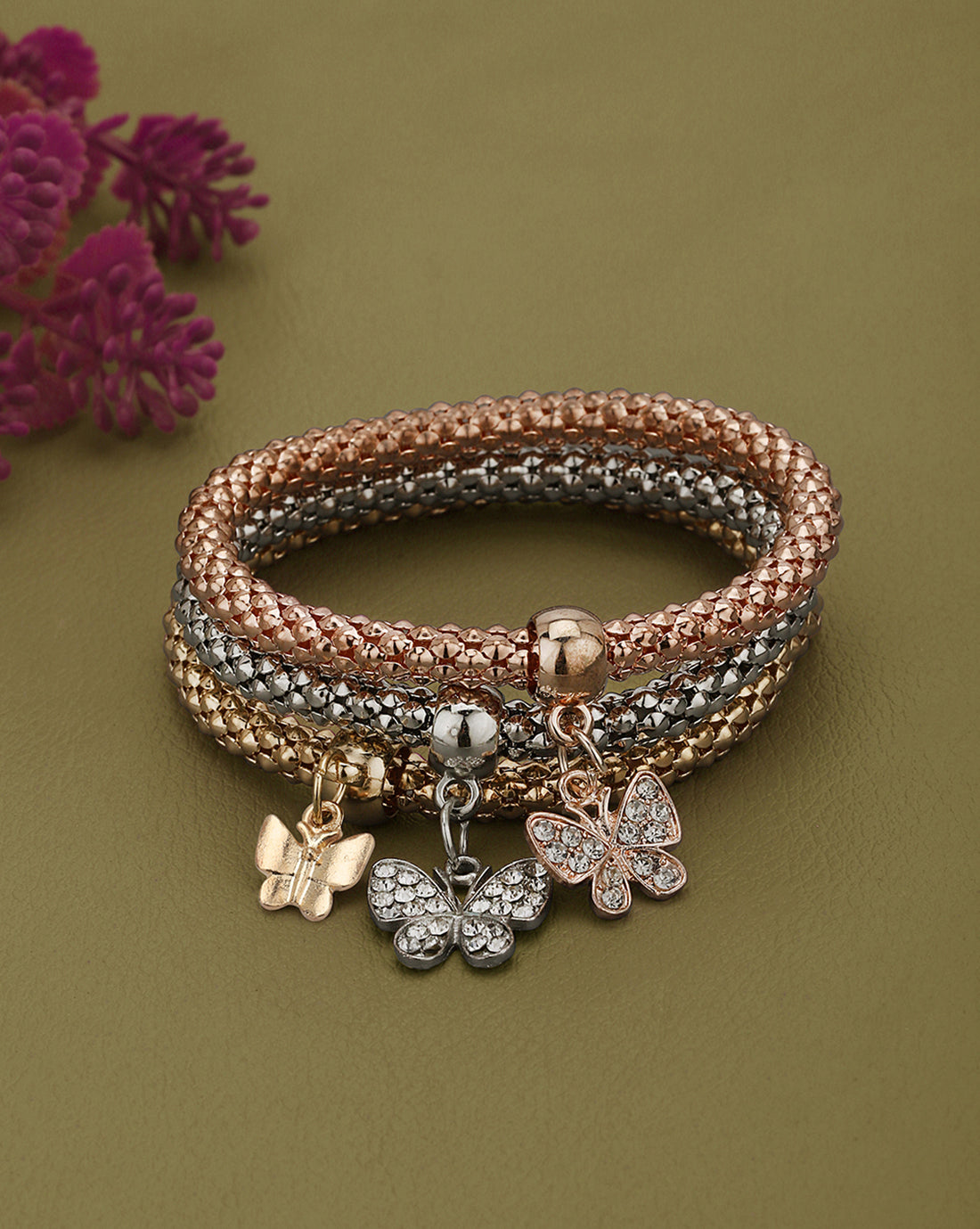 Set of 3 Three Toned CZ Butterfly Charm Bracelet