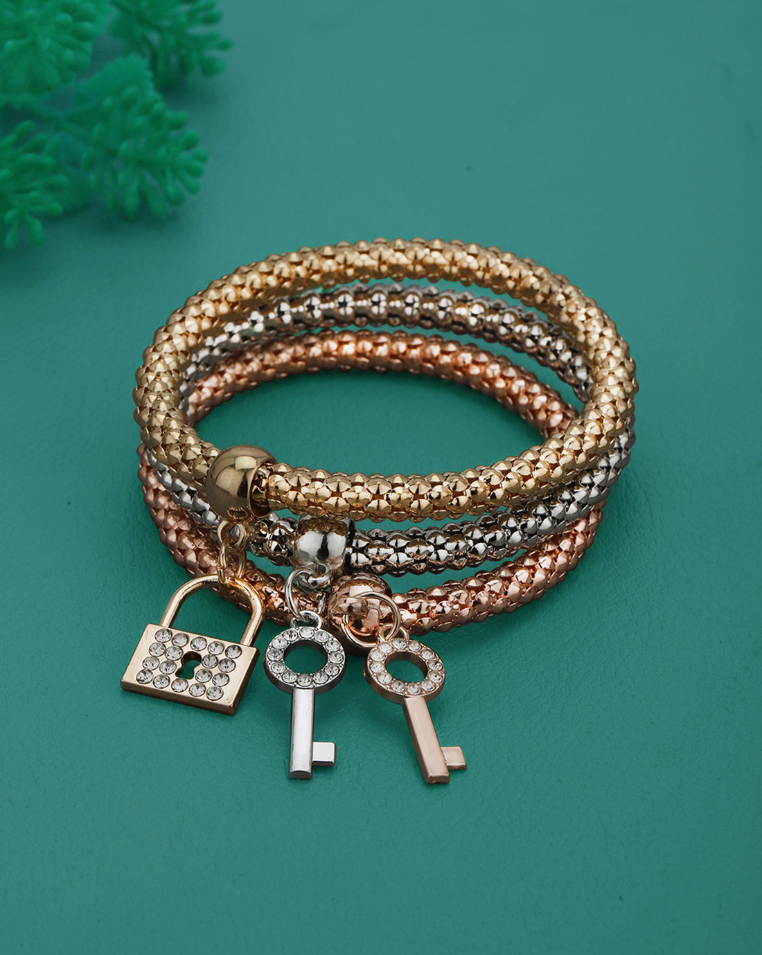 Set of 3 Three Toned CZ Lock and Key Charm Bracelet