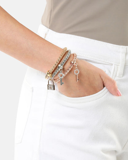 Set of 3 Three Toned CZ Lock and Key Charm Bracelet