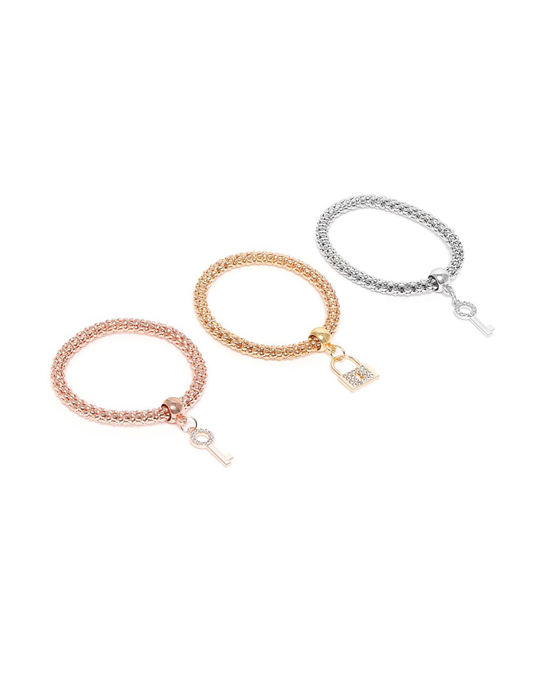 Set of 3 Three Toned CZ Lock and Key Charm Bracelet