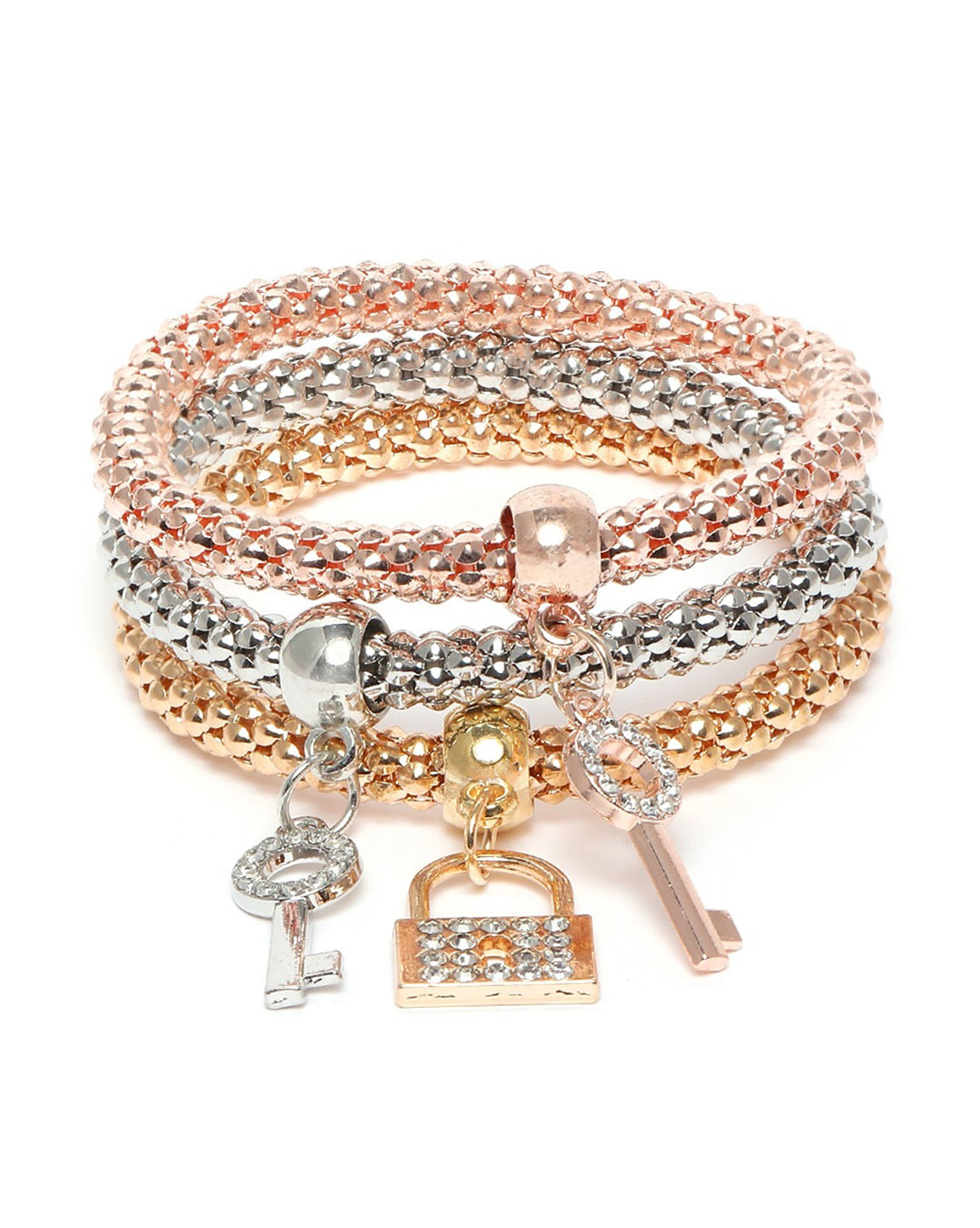 Set of 3 Three Toned CZ Lock and Key Charm Bracelet