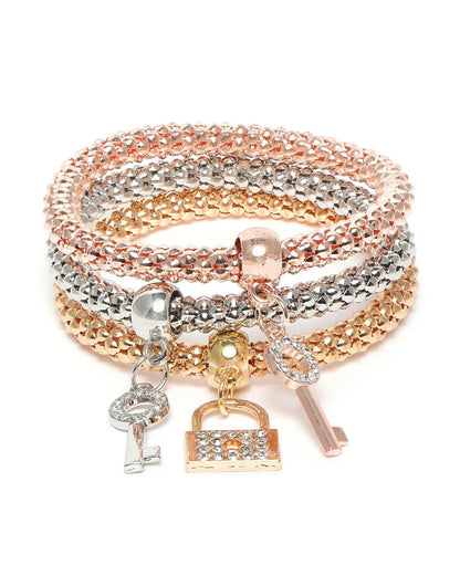 Set of 3 Three Toned CZ Lock and Key Charm Bracelet