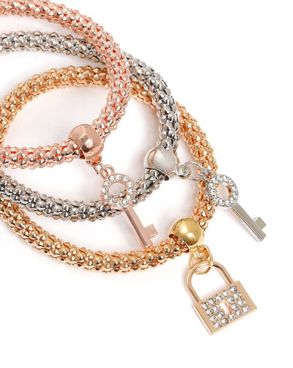 Set of 3 Three Toned CZ Lock and Key Charm Bracelet