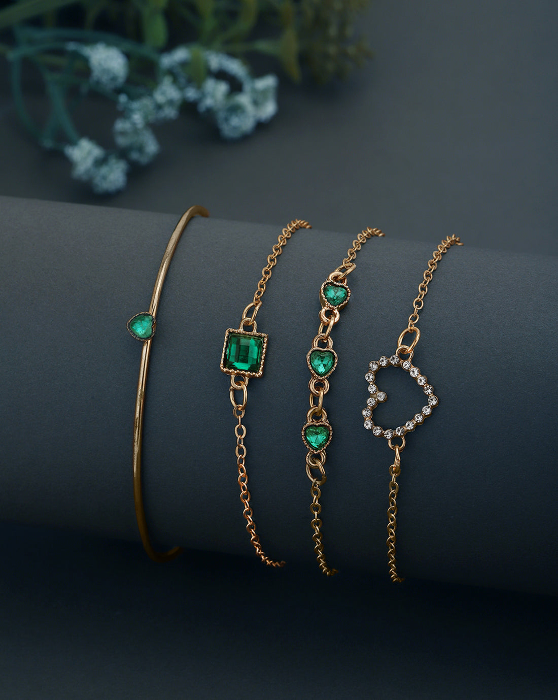 Set of 4 Rose Gold Plated CZ Heart Charm Bracelet