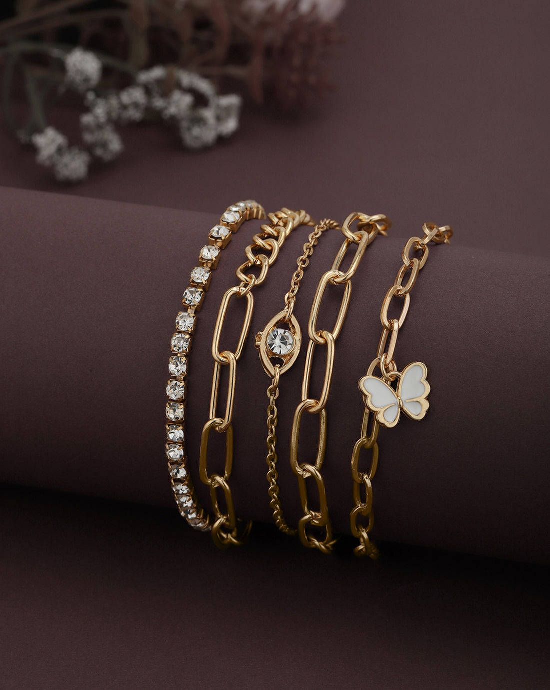 Set of 5 Rose Gold Plated CZ Butterfly and Evil Eye Enamel Charm Bracelet