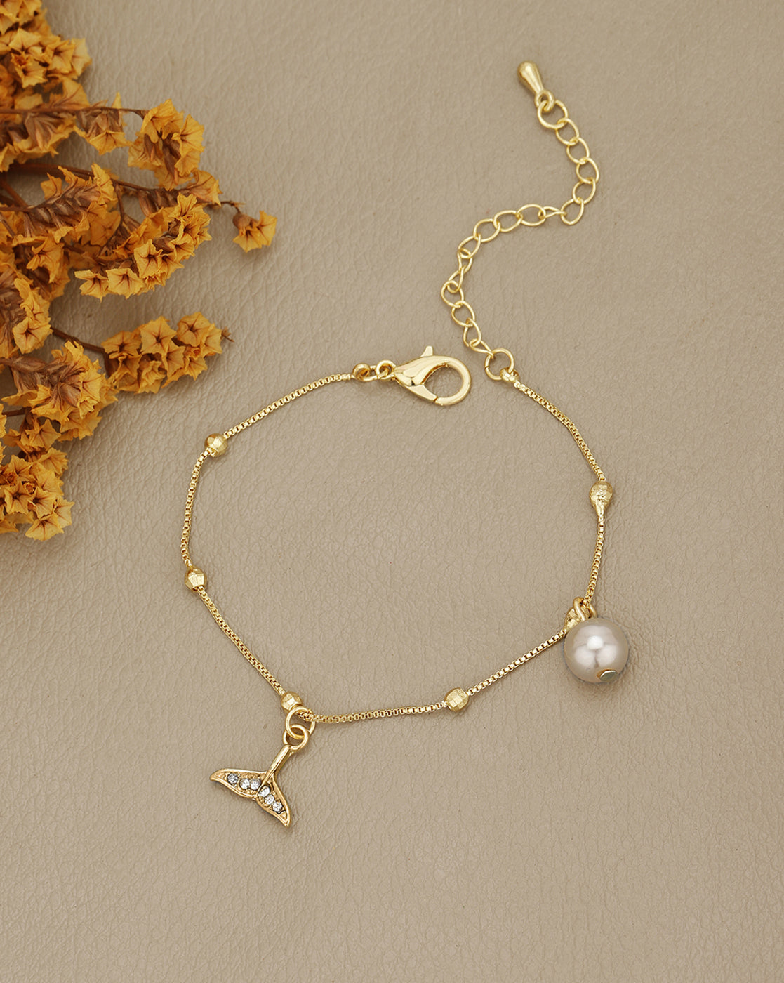 Gold Plated CZ and Pearl Charm Bracelet