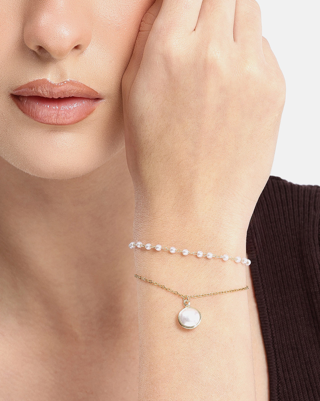 Gold Plated Pearl Double Chain Wraparound Bracelet