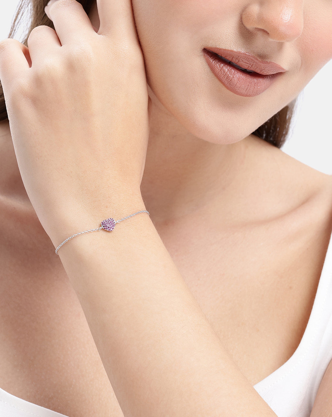 Rhodium Plated Red Ruby Heart Wraparound Bracelet